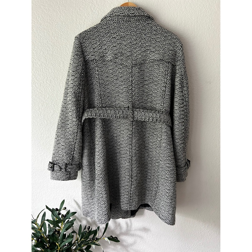 Worthington Womens 1X Black White Boucle Funnel Neck Belted Trench Coat Jacket - Picture 2 of 15